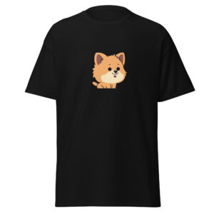 Black unisex classic T-shirt with a cute orange cartoon cat graphic